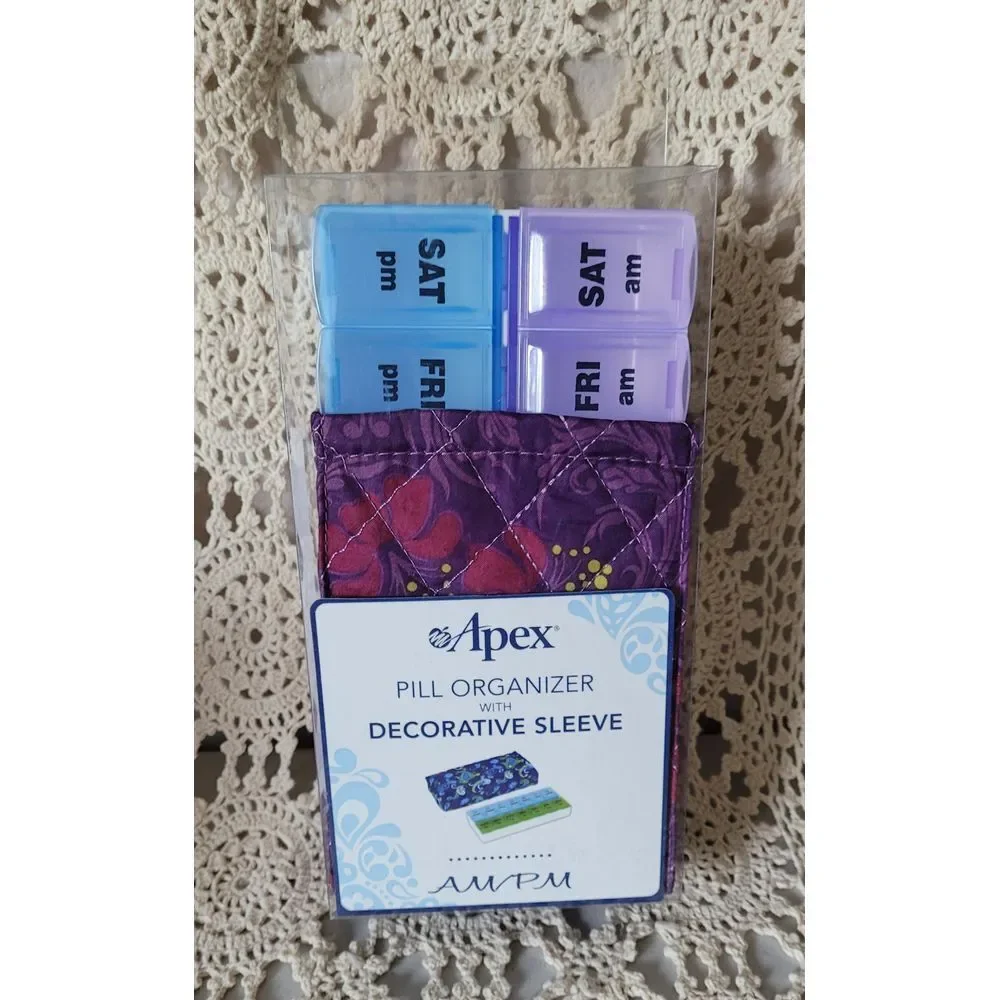 NEW Apex pill organizer with purple plaid decorative sleeve 7 days AM & PM